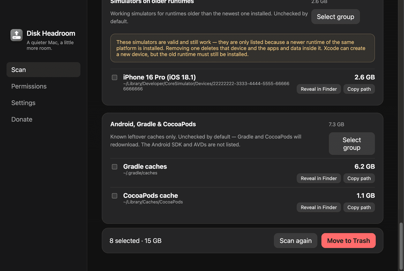 Disk Headroom results with Xcode, Android, and Docker leftovers left unchecked by default.