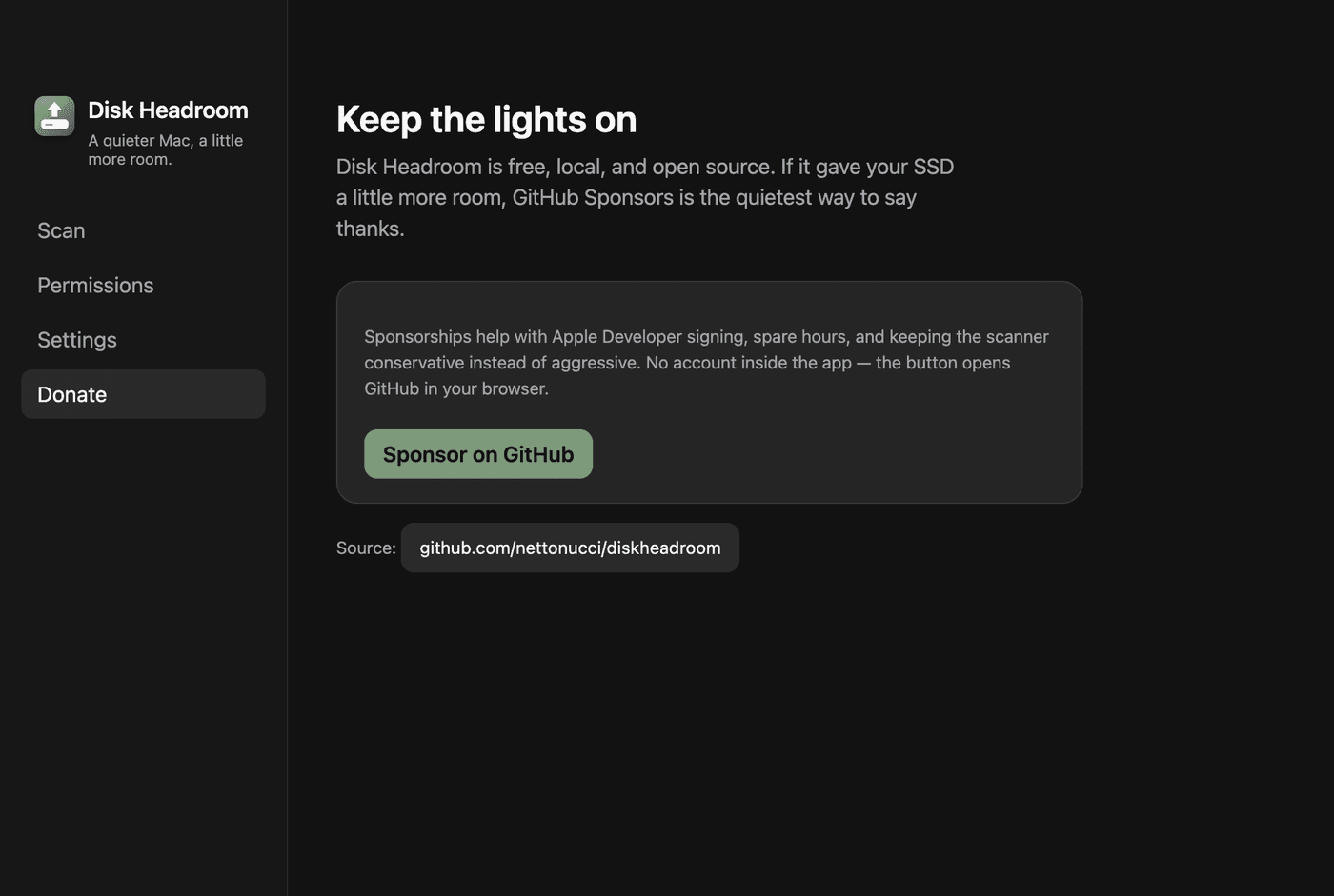 Disk Headroom donate screen with a GitHub Sponsors button.