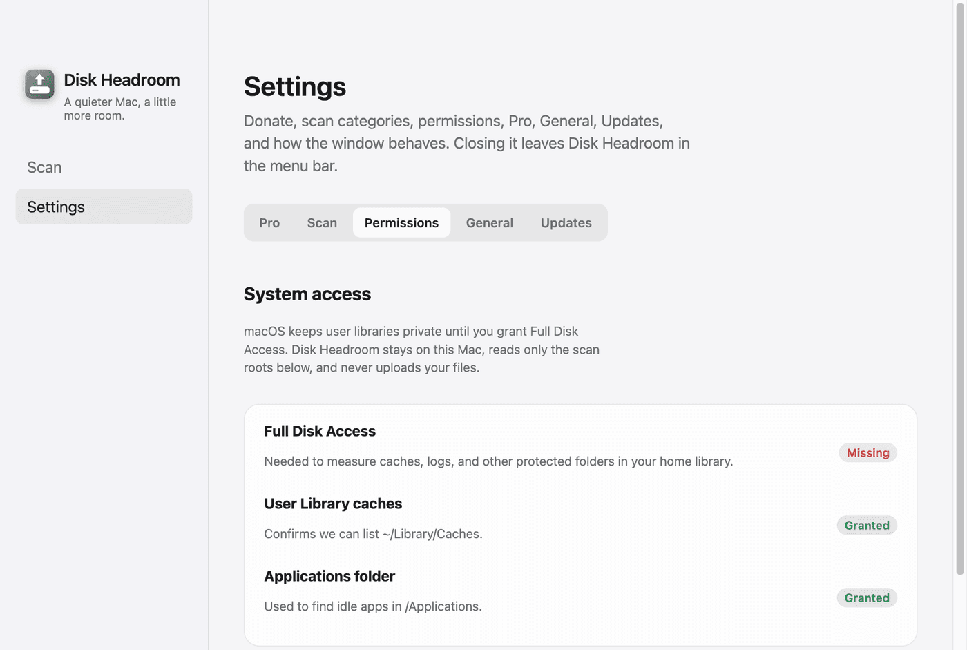 Disk Headroom permissions screen asking for Full Disk Access on macOS.