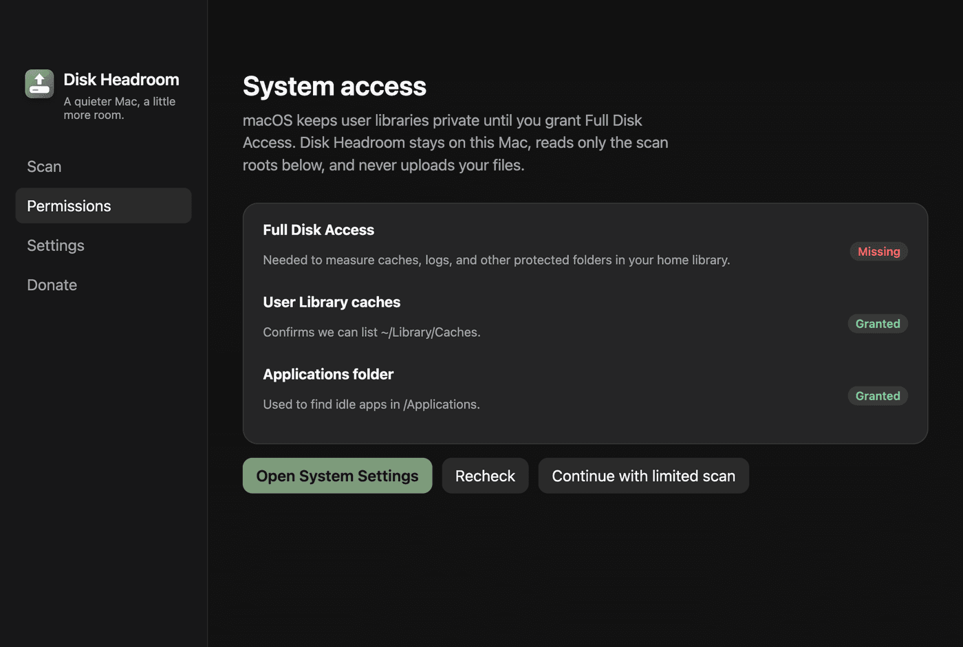 Disk Headroom permissions screen asking for Full Disk Access on macOS.