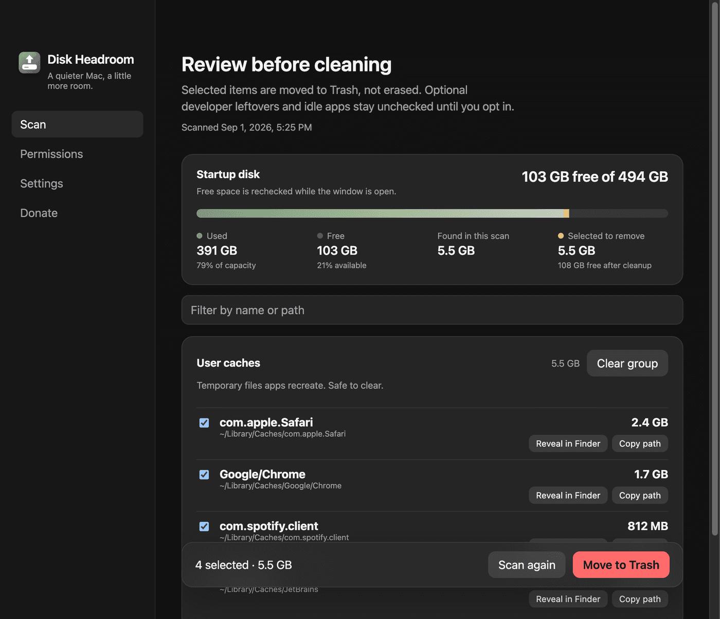 Disk Headroom results: review leftover caches, then move selected items to Trash.
