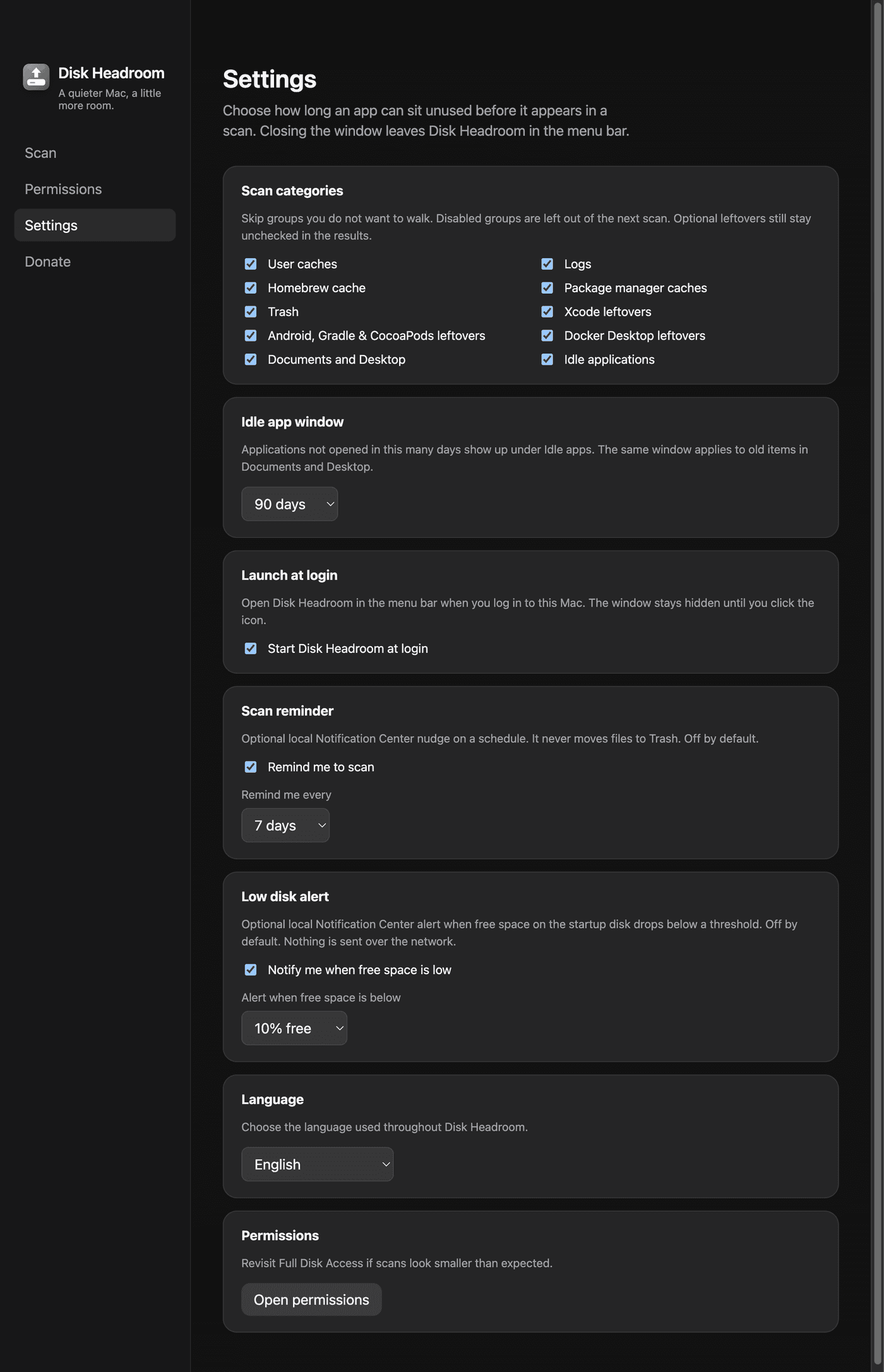 Disk Headroom settings: scan categories, a low-disk alert, and language.